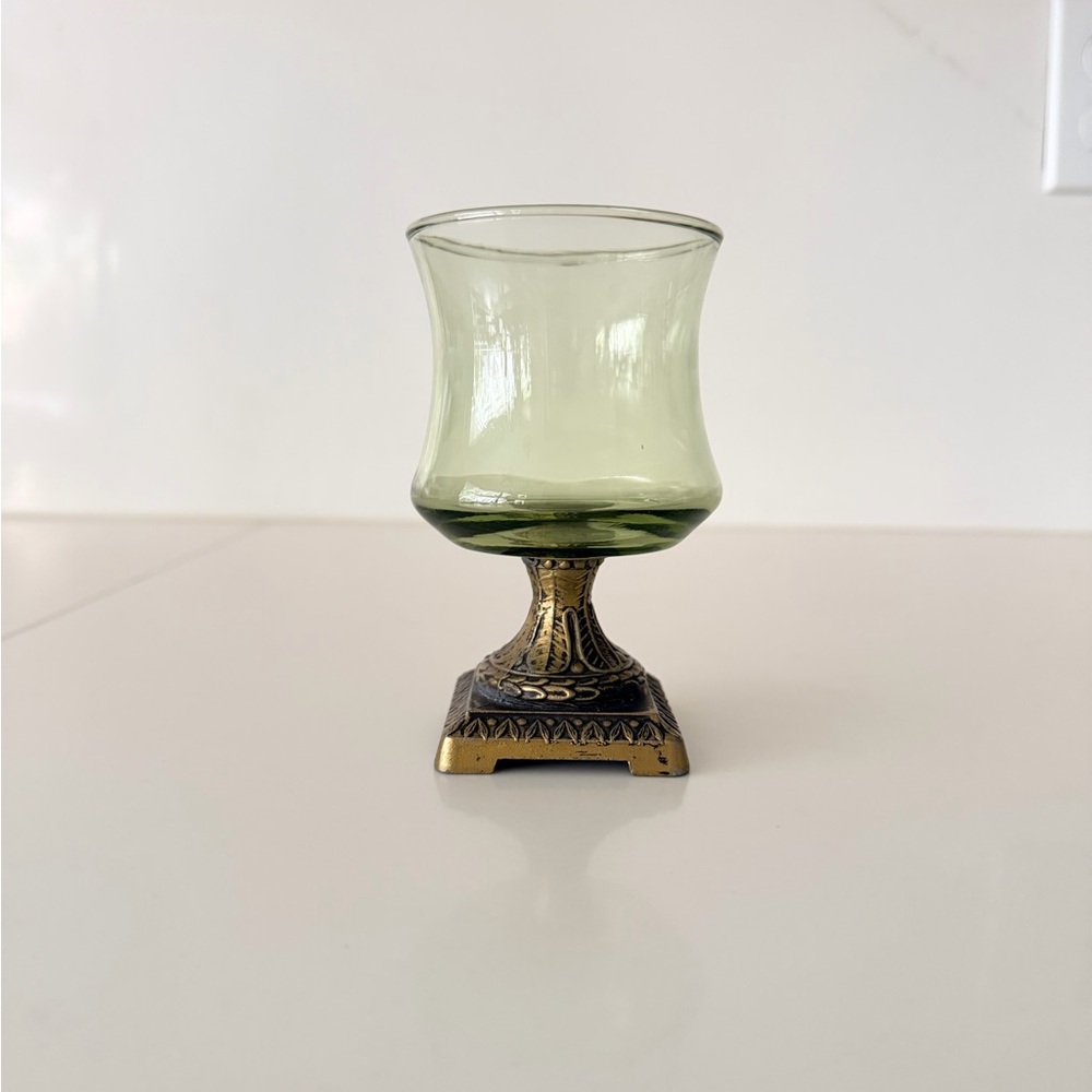 Vintage Green Glass Pedestal Goblet with Ornate Brass Base